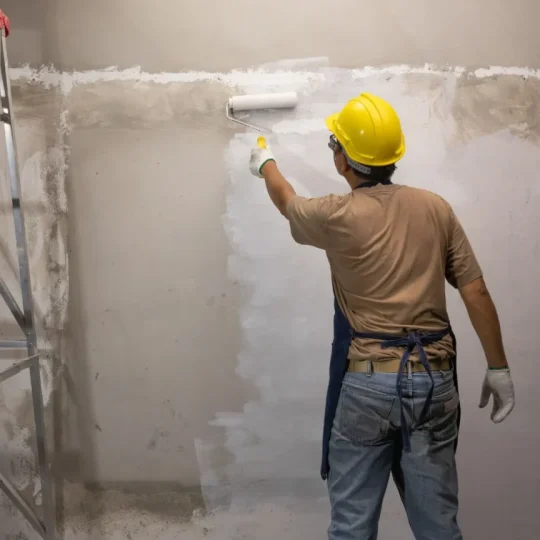 A painter applying paint primer on a wall