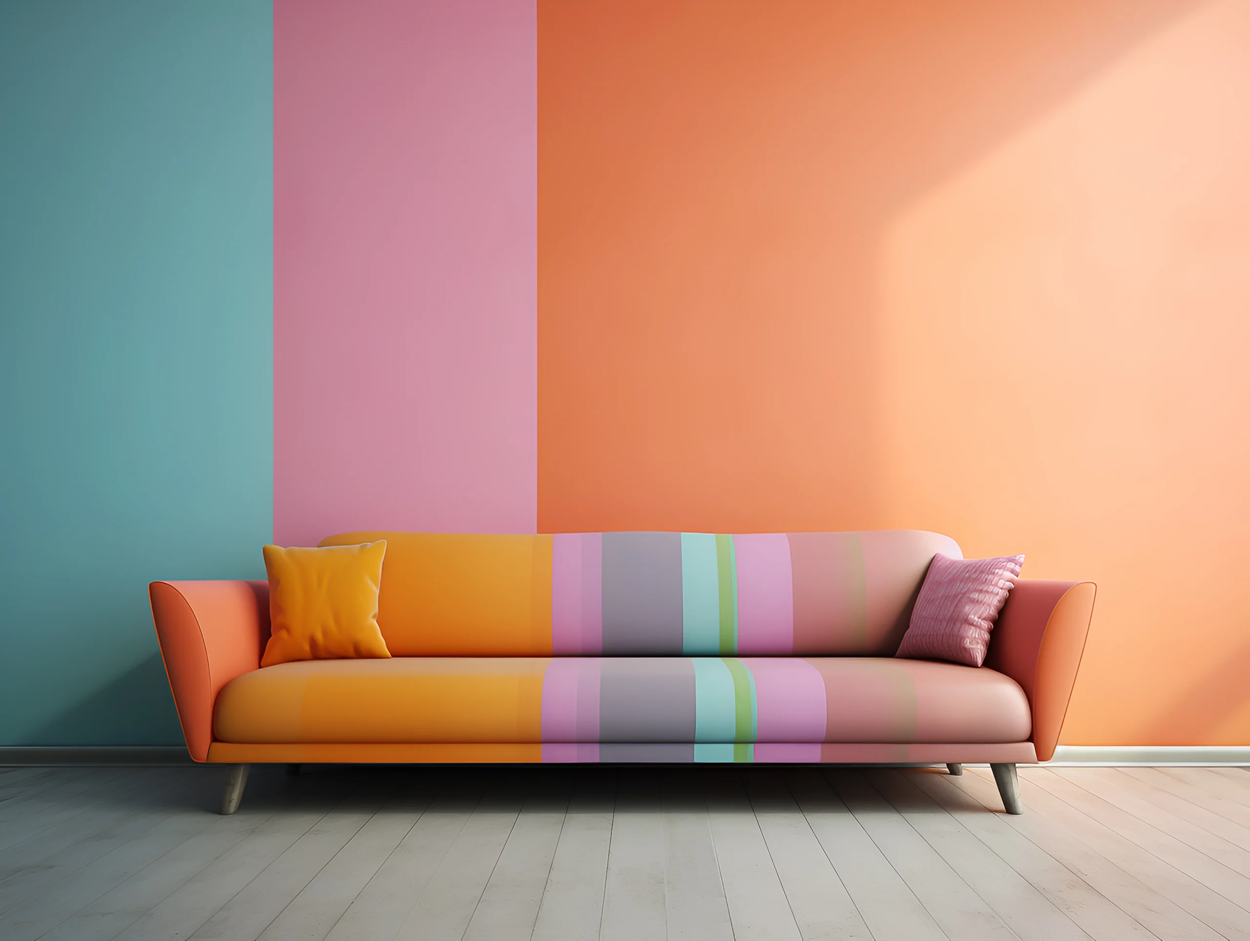A colorful 3 seater sofa placed in front of a colorful wall.