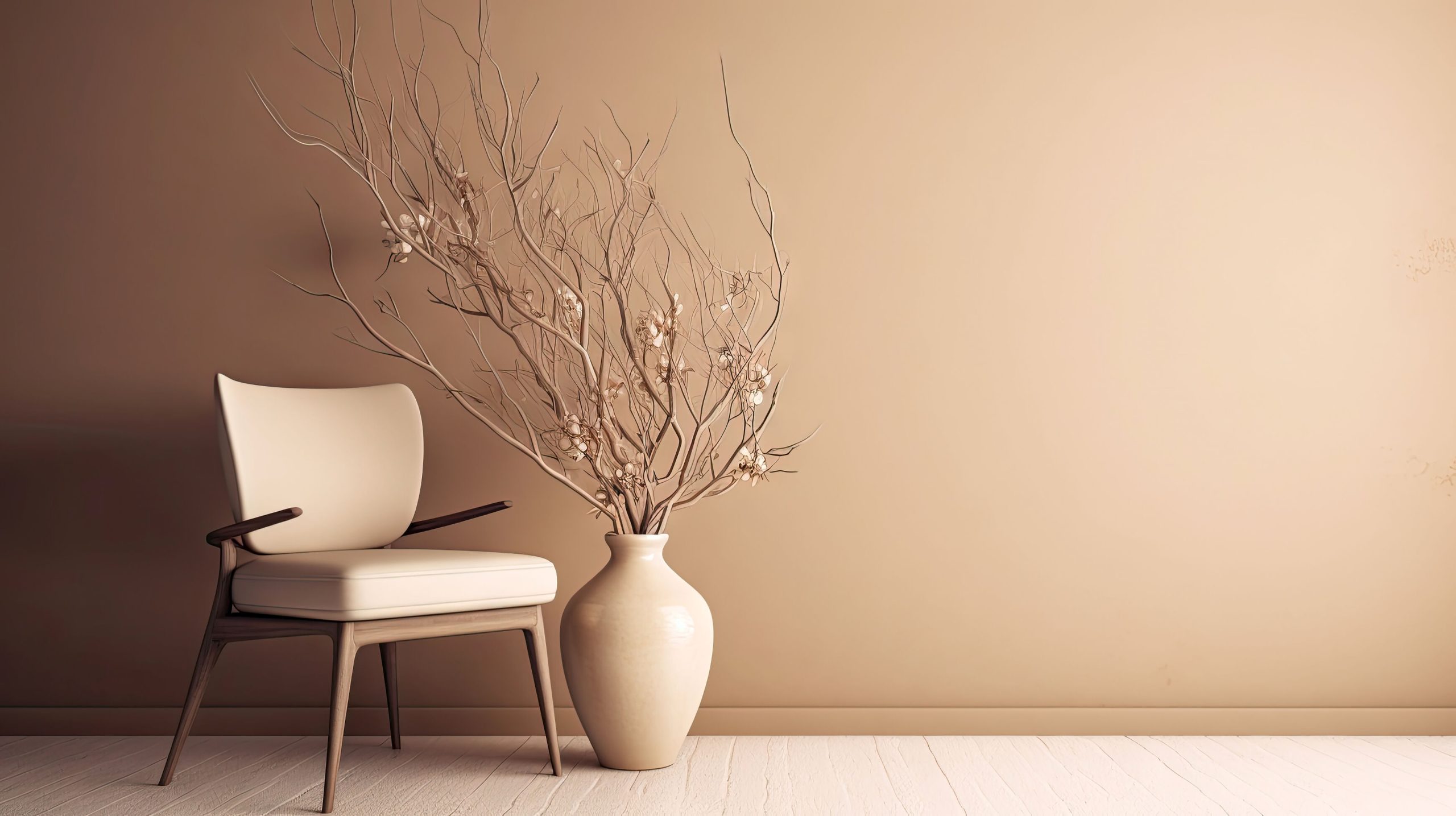 A modern chair and a vase kept in front of a matt-finish beige color wall.