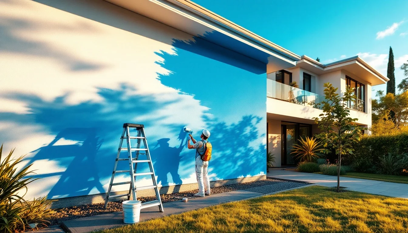 a man painting exterior house wall with roller.