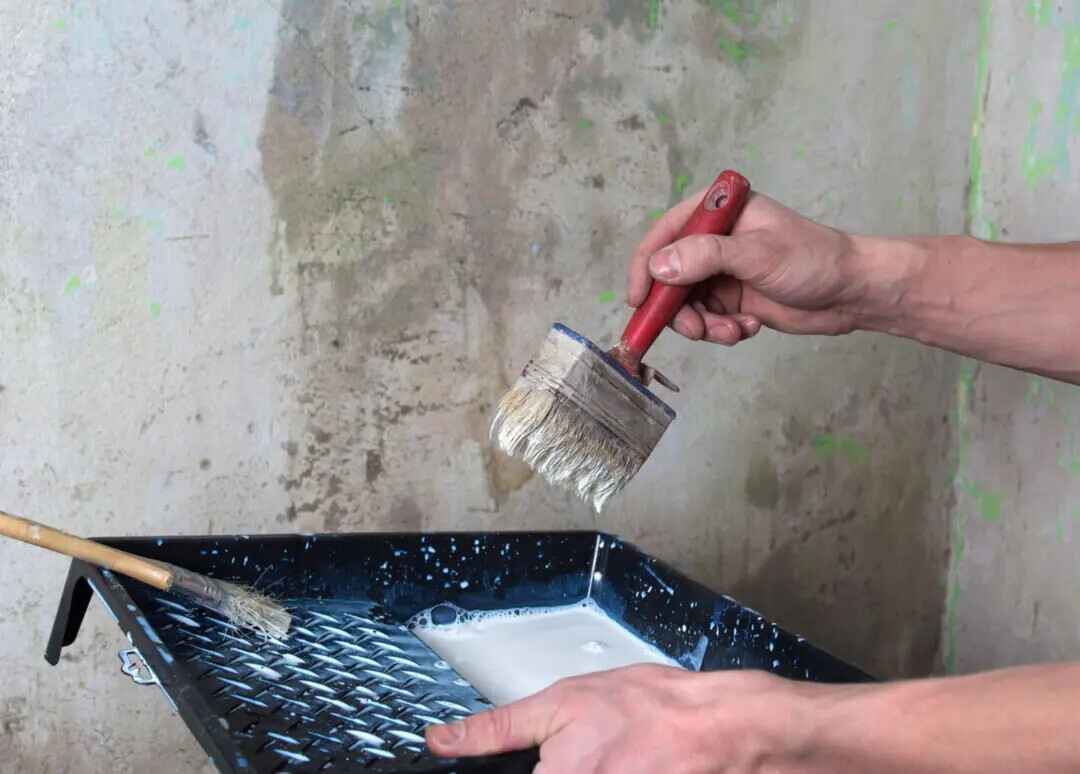 Hand dipping paintbrush into white paint tray during wall preparation.