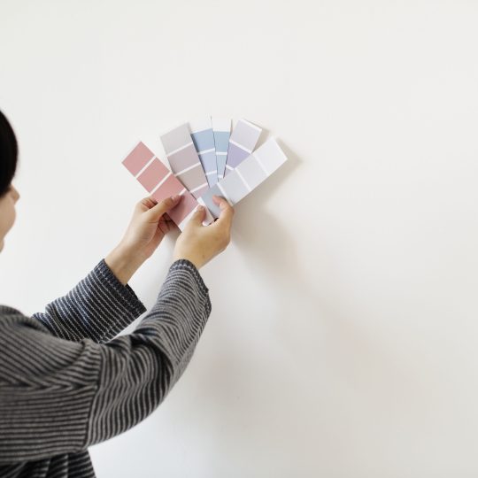 Person comparing paint colour swatches against a wall to choose modern colour palettes for home painting by Berger Paints.