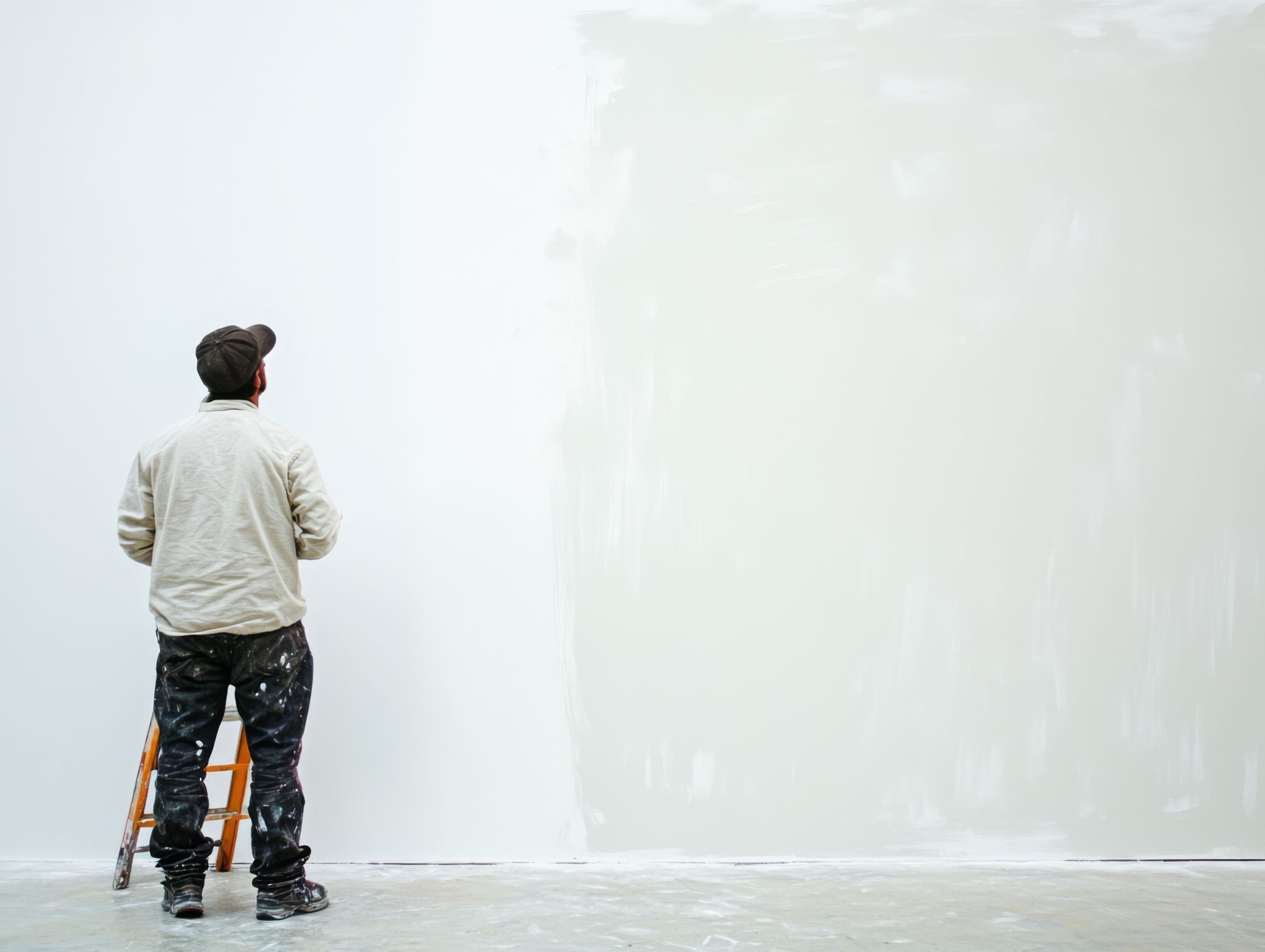Painter standing on a ladder applying white paint to a large wall, illustrating how to choose the right white shade for Singapore homes without a flat finish.