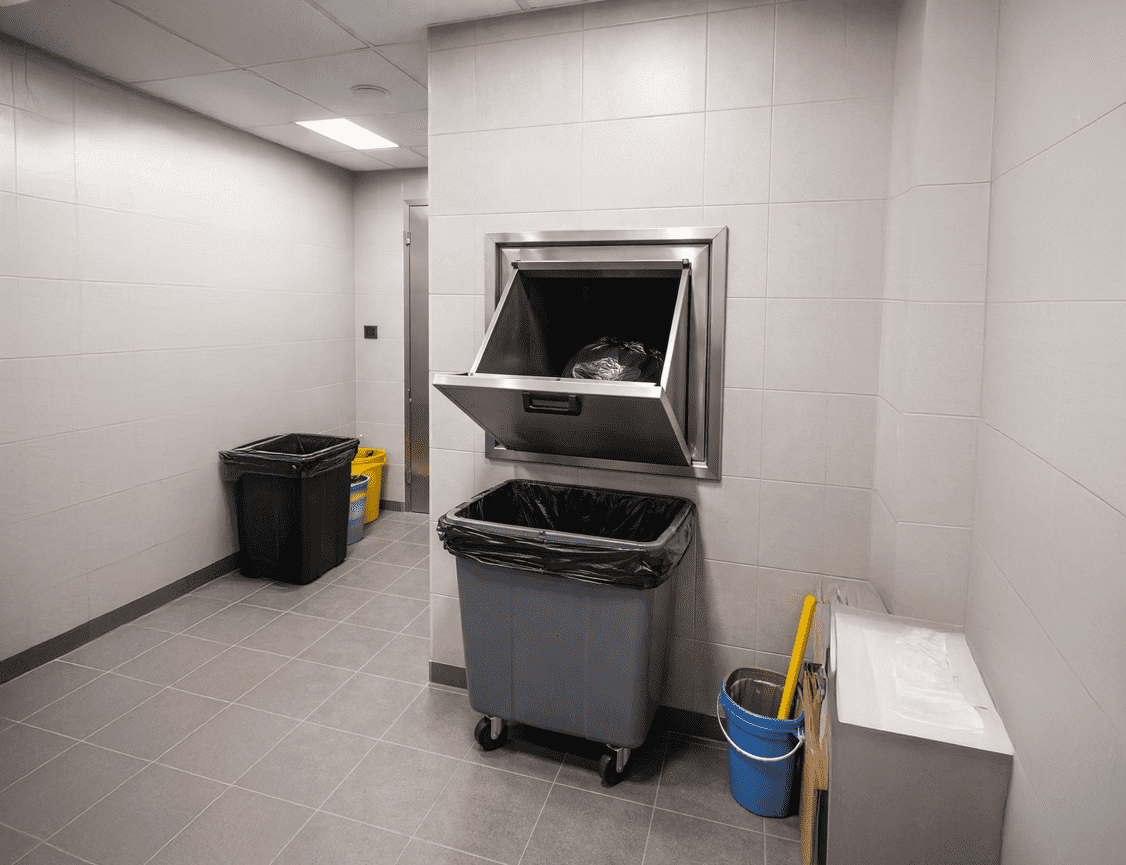 Interior of a building bin chute room in Singapore with a wall-mounted chute opening, large waste bins, and cleaning equipment on tiled floors.