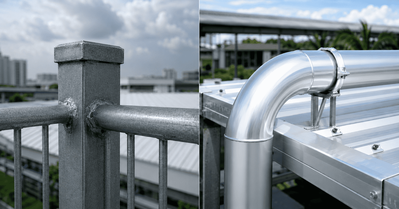 Galvanized steel railing and aluminium roof duct compared when choosing the best protective metal coating.
